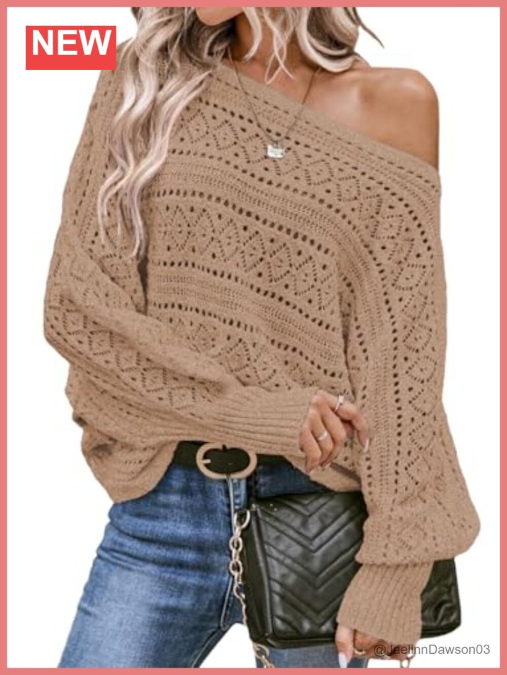 Crochet Boat Neck Long Batwing Sleeve Loose Sweater